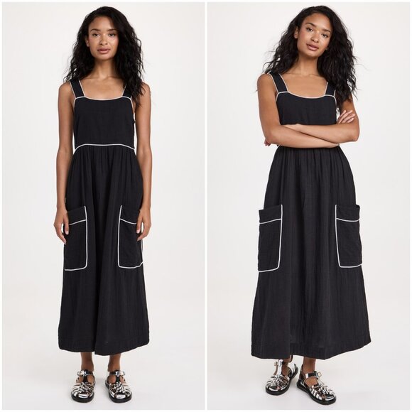 Kerri Rosenthal Emma Maxi Dress black S small Gauze smocked pockets apron - Picture 2 of 10